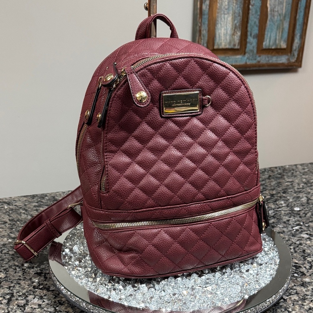 Marc Nee York Quilted Burgundy berry wine Backpack with Gold Hardware EUC